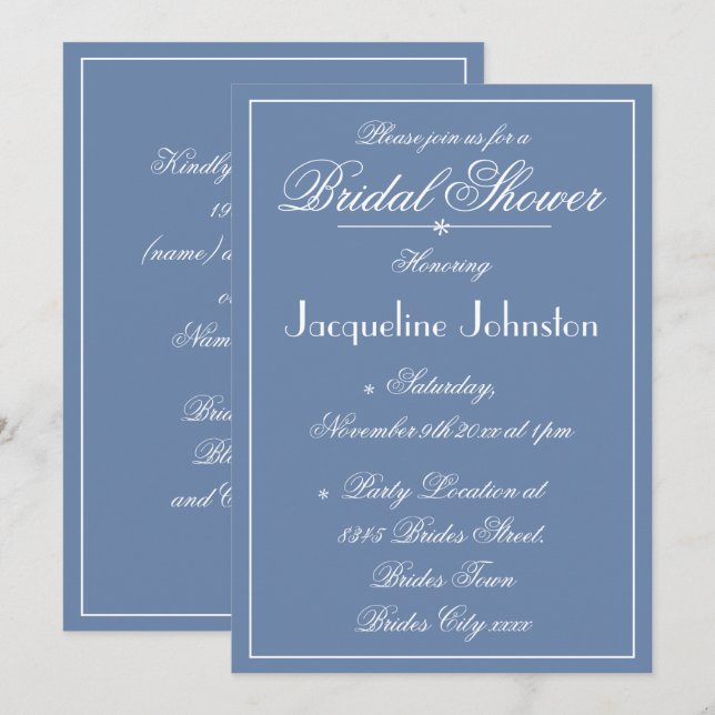 Invitation Rustique Dusty Blue Nom Chic Script Fête des marié (Devant / Derrière)