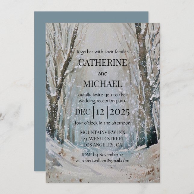 Invitation Rustique Dusty Blue Winter Forest Mariage d'aquare (Devant / Derrière)