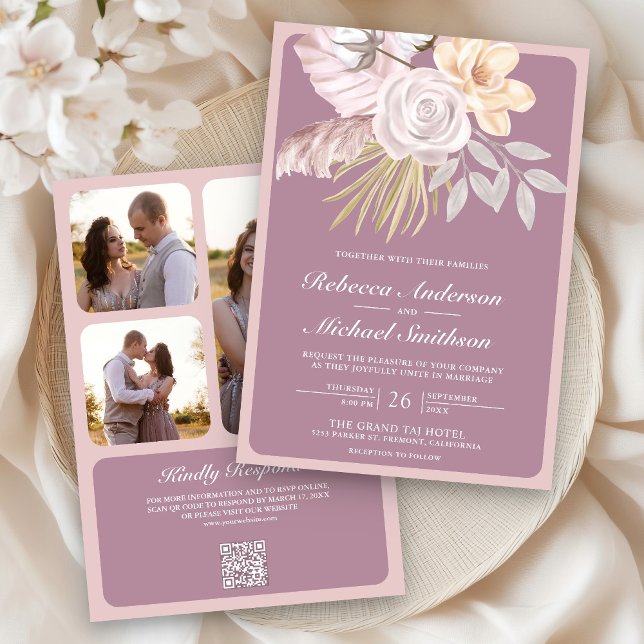 Invitation Rustique Dusty Mauve rose Floral QR Code Mariage (Créateur téléchargé)
