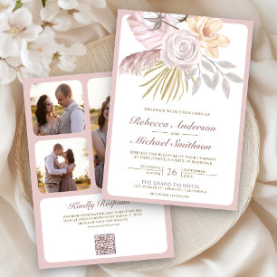 Invitation Rustique Dusty Rose rose Floral QR Code Mariage