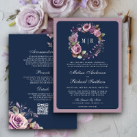 Rustique Dusty violet Floral Navy QR Code Mariage