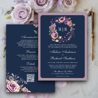 Invitation Rustique Dusty violet Floral Navy QR Code Mariage