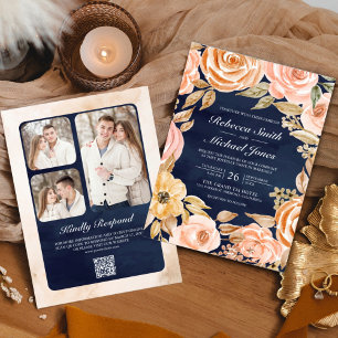Invitation Rustique Earthy Floral Photo Marine QR Code Mariag