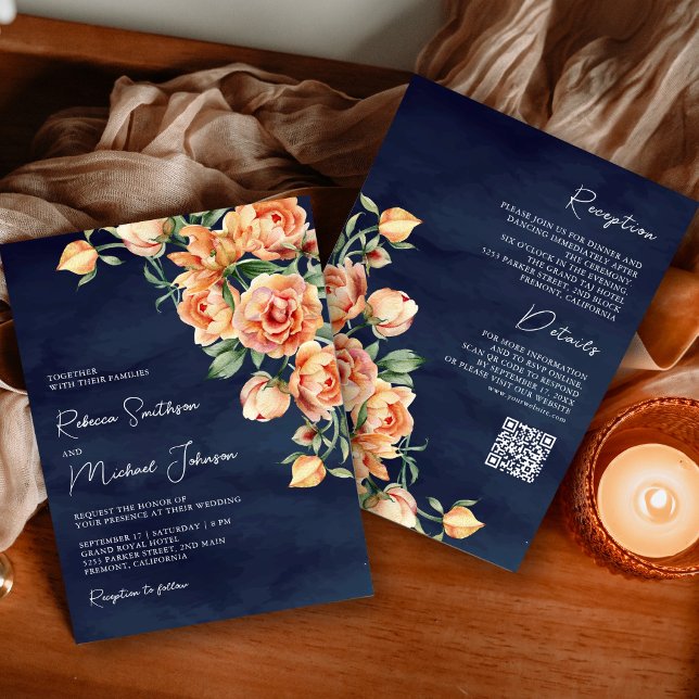 Invitation Rustique Earthy Pêcher Floral Navy QR Code Mariage (Créateur téléchargé)
