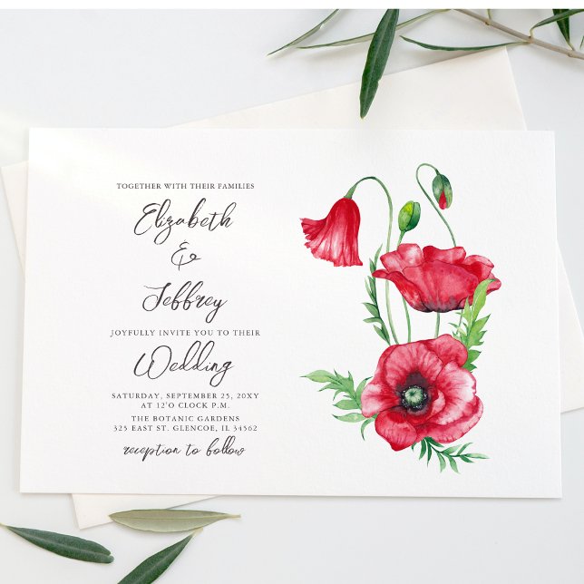 Invitation Rustique Elegant Aquarelle Script Red Poppy Mariag (Créateur téléchargé)
