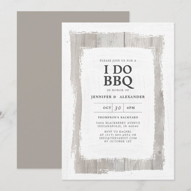 Invitation Rustique Elegant Barnwood I DO BBQ Engagement Part (Devant / Derrière)