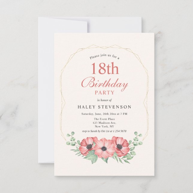 Invitation Rustique Elégant Blush Rose Floral 18e anniversair (Devant)