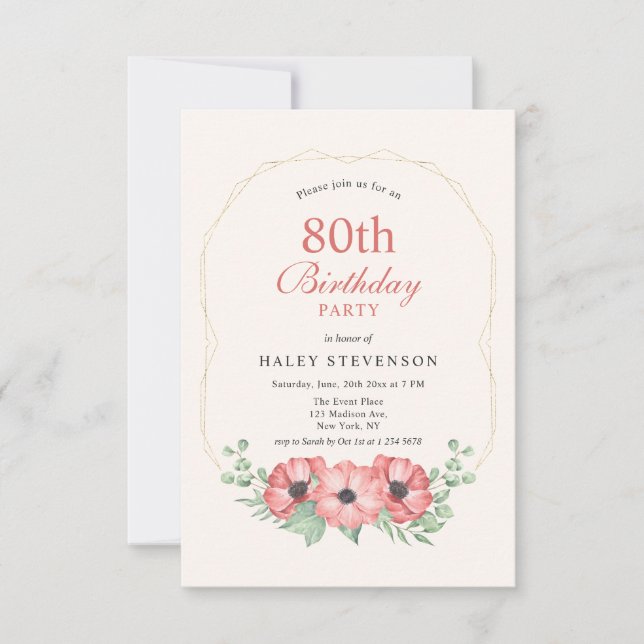 Invitation Rustique Elégant Blush Rose Floral 80e anniversair (Devant)