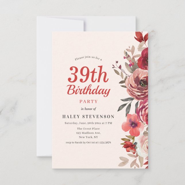 Invitation Rustique Elegant Boho Chic Floral 39e anniversaire (Devant)