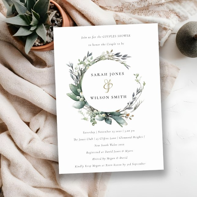 Invitation Rustique Élégant feuillage vert Wreath Couples Dou (Créateur téléchargé)