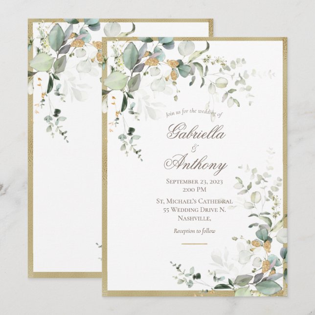 Invitation Rustique Élégant Feuille Mariage or verdure (Devant / Derrière)