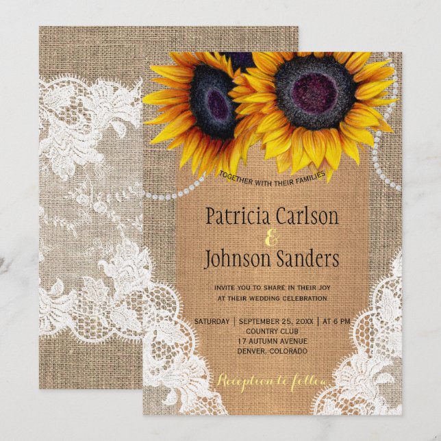 Invitation Rustique élégant mariage de tournesol et dentelle (Devant / Derrière)