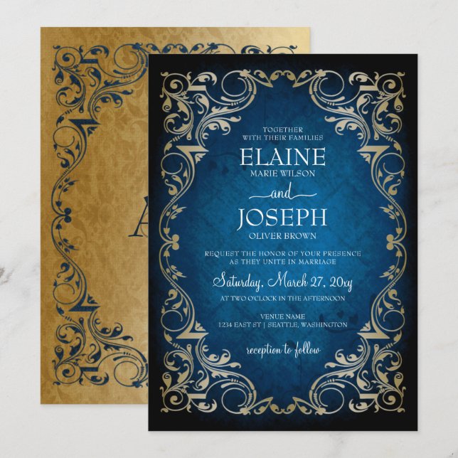 Invitation Rustique Elegant Marine et Mariage d'or (Devant / Derrière)
