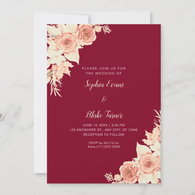 Invitation Rustique Elegant Roses Orange Automne Burgundy Mar (Devant)
