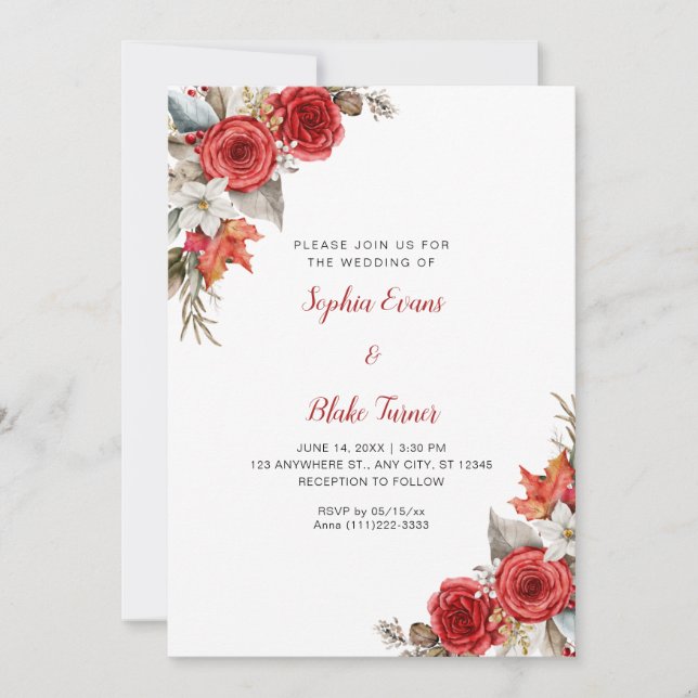 Invitation Rustique Élégant Roses Rouge Chute Mariage blanc (Devant)