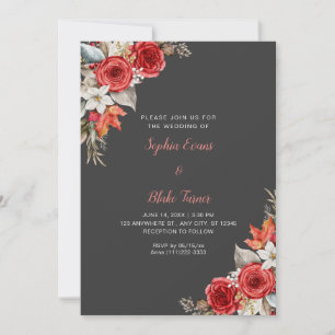Invitation Rustique Elégant Roses Rouges Automne gris ombre M