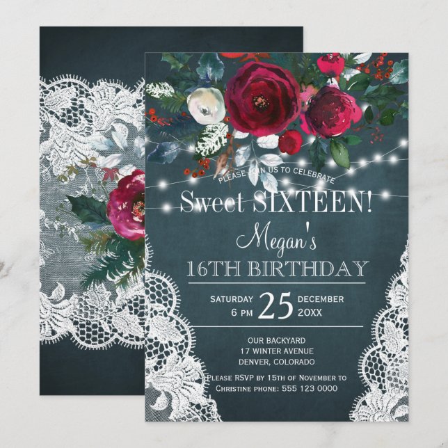 Invitation Rustique élégant sweet sixteen floral bordeaux (Devant / Derrière)