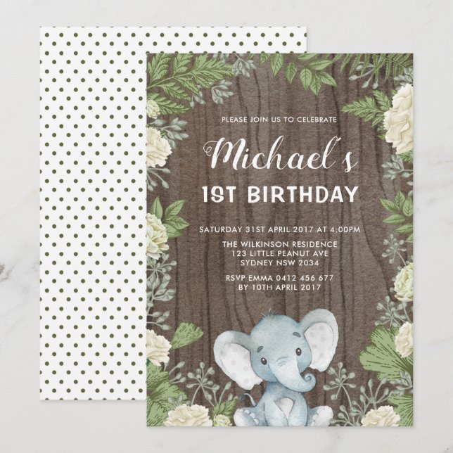 Invitation Rustique Elephant Green 1ère fête d'anniversaire (Devant / Derrière)