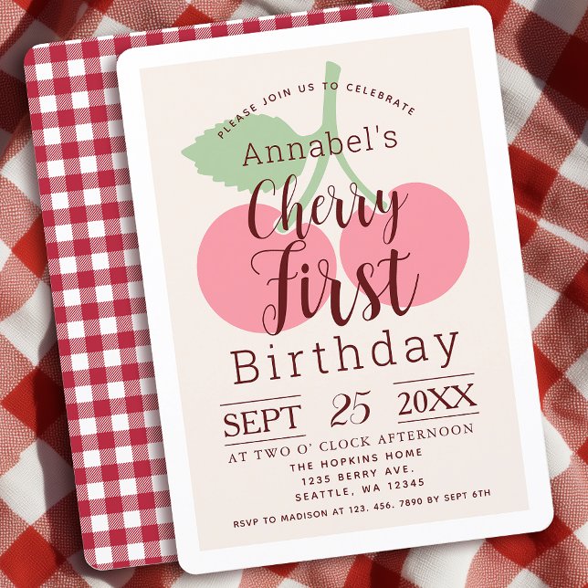 Invitation Rustique En vichy Cherry 1er anniversaire (Créateur téléchargé)