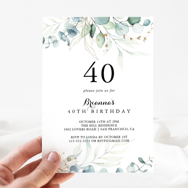 Invitation Rustique Eucalyptus Gold Floral 40e fête d'anniver (Créateur téléchargé)