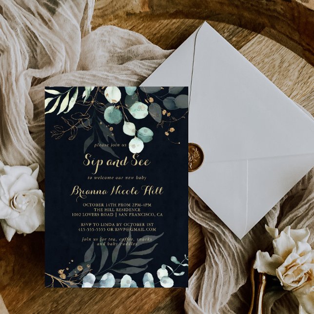 Invitation Rustique Eucalyptus Gold Floral Bleu Sip et voir (Créateur téléchargé)