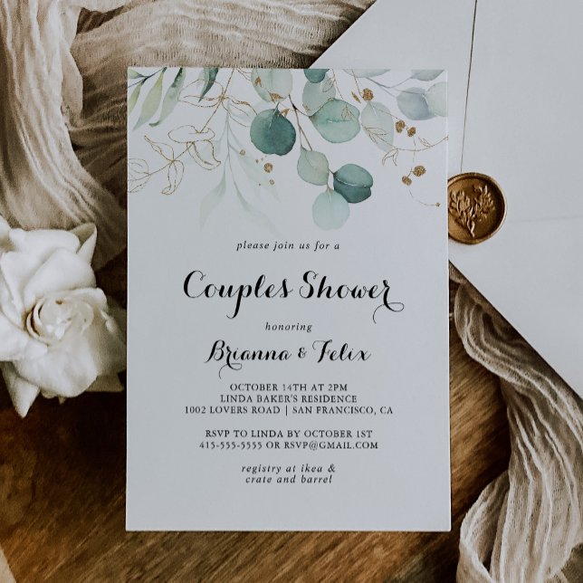 Invitation Rustique Eucalyptus Gold Floral Couples Douche (Créateur téléchargé)