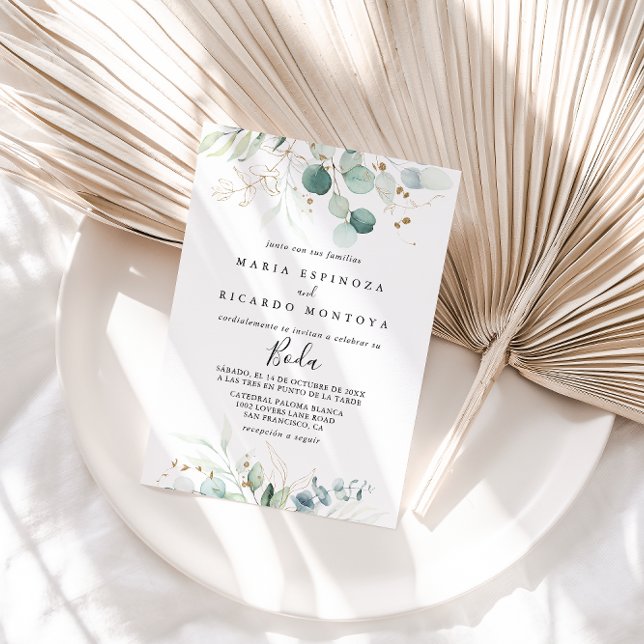 Invitation Rustique Eucalyptus Gold Floral Mariage espagnol (Créateur téléchargé)