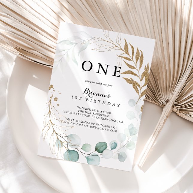 Invitation Rustique Eucalyptus Gold Floral Première fête d'an (Créateur téléchargé)