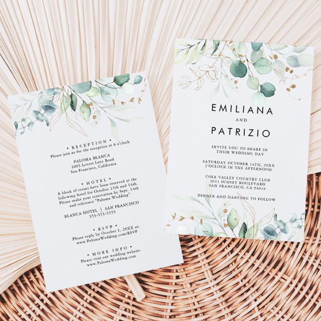 Invitation Rustique Eucalyptus Gold Mariage avant et arrière (Créateur téléchargé)