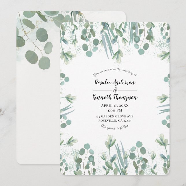Invitation Rustique Eucalyptus Mariage Feuille (Devant / Derrière)