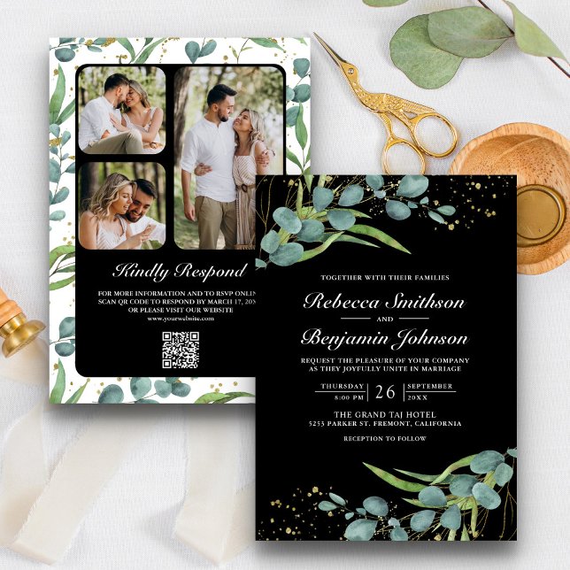 Invitation Rustique Eucalyptus Photo QR Code Mariage noir (Créateur téléchargé)