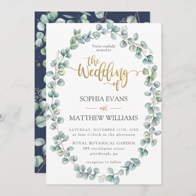 Invitation Rustique Eucalyptus Verdure Wreath Mariage or (Devant / Derrière)