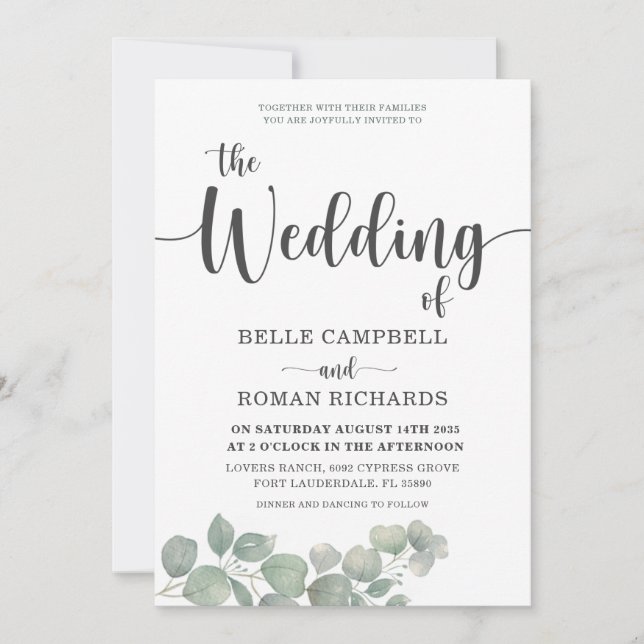 Invitation Rustique Eucalyputus Dusty Mariage bleu (Devant)