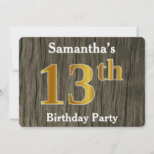 Invitation Rustique, Faux Gold 13e fête d'anniversaire; Nom p