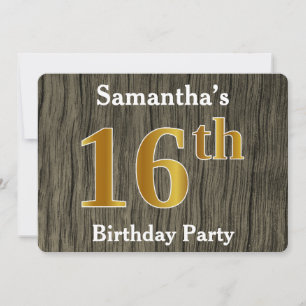 Invitation Rustique, Faux Gold 16e fête d'anniversaire; Nom p