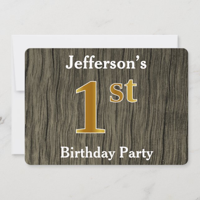Invitation Rustique, Faux Gold 1er Anniversaire ; Nom personn (Devant)