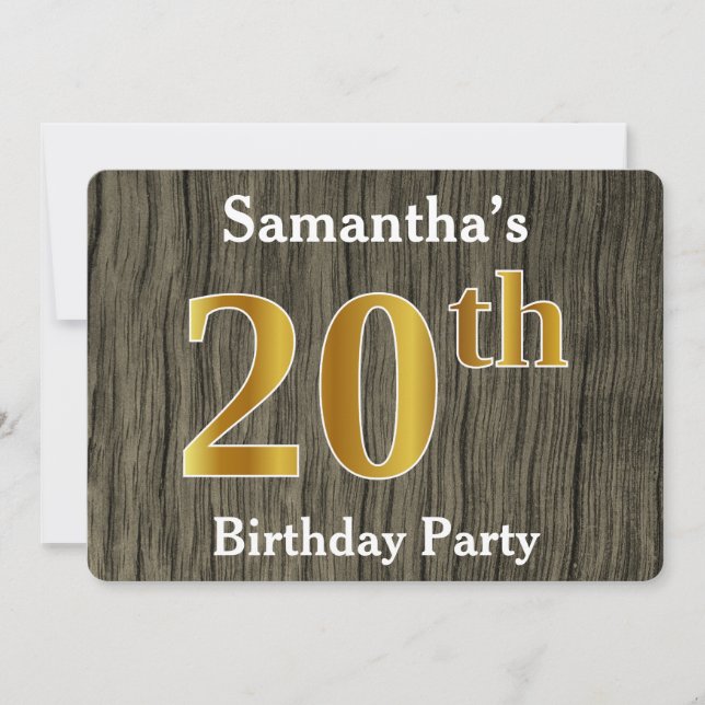 Invitation Rustique, Faux Gold 20th Birthday Party; Nom perso (Devant)