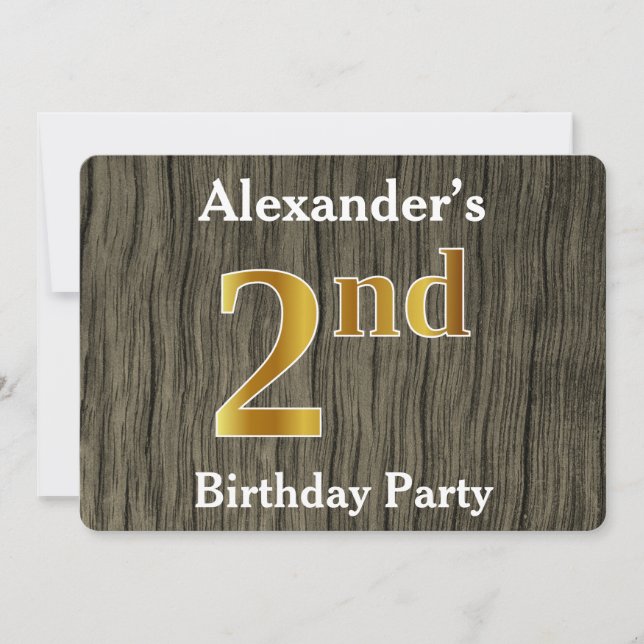 Invitation Rustique, Faux Gold 2e fête d'anniversaire ; Nom p (Devant)