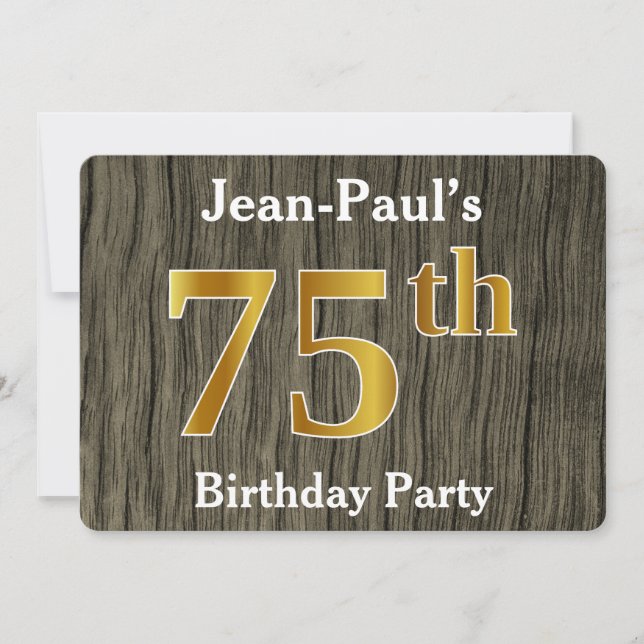 Invitation Rustique, Faux Gold 75e fête d'anniversaire; Nom p (Devant)