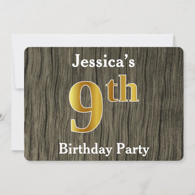 Invitation Rustique, Faux Gold 9e fête d'anniversaire ; Nom p (Devant)