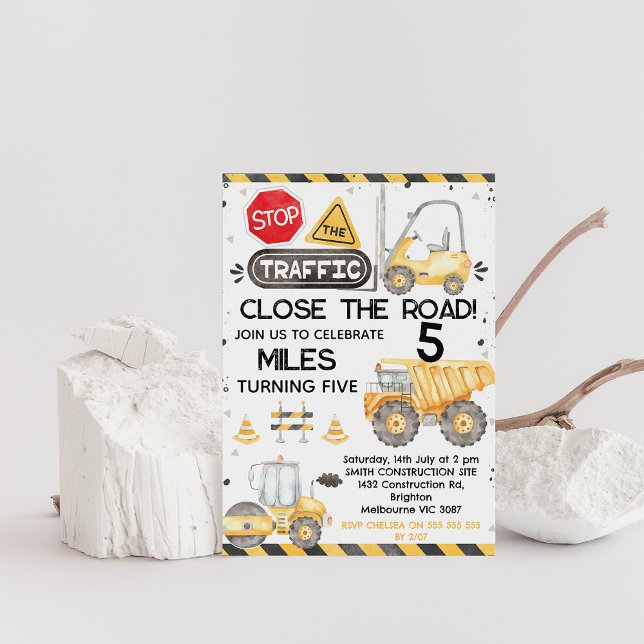 Invitation Rustique Fermer La Construction Routière Anniversa (Construction birthday party invitation, Stop the traffic close the road construction birthday invite)