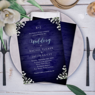 Invitation Rustique Fleurs de Baby's Breath Bleu Marine en Bo