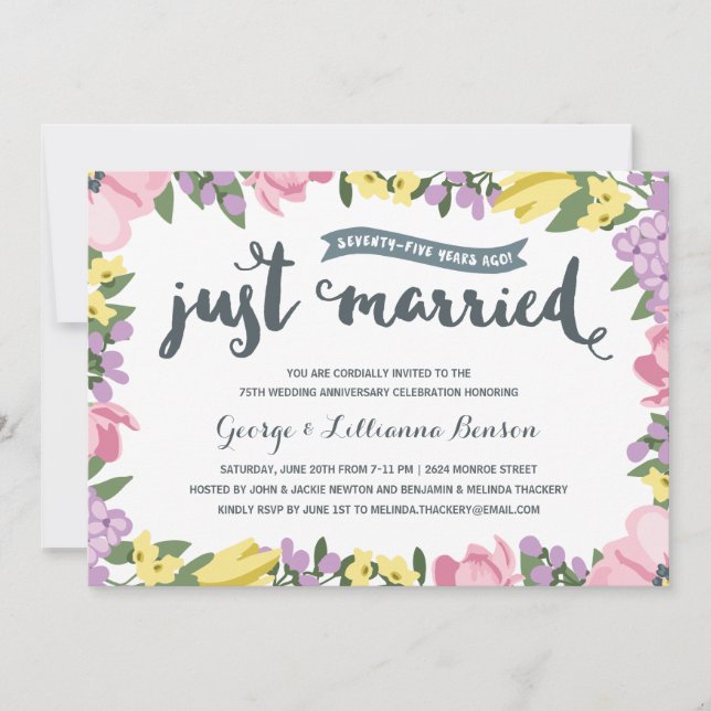 Invitation Rustique Floral | 75e anniversaire de mariage (Devant)