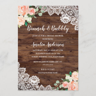 Invitation Rustique Floral Bois Dentelle Brunch Et Bulles