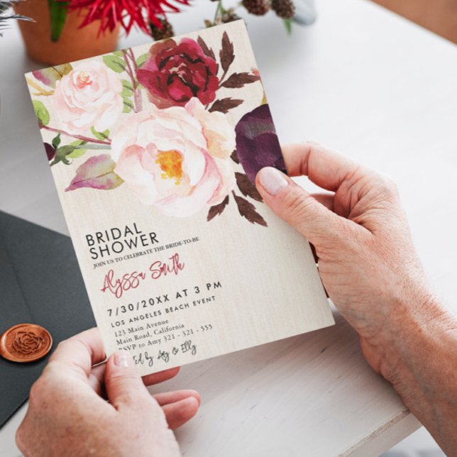 Invitation Rustique Floral Bois Marsala Bourgogne Fête des ma (Créateur téléchargé)