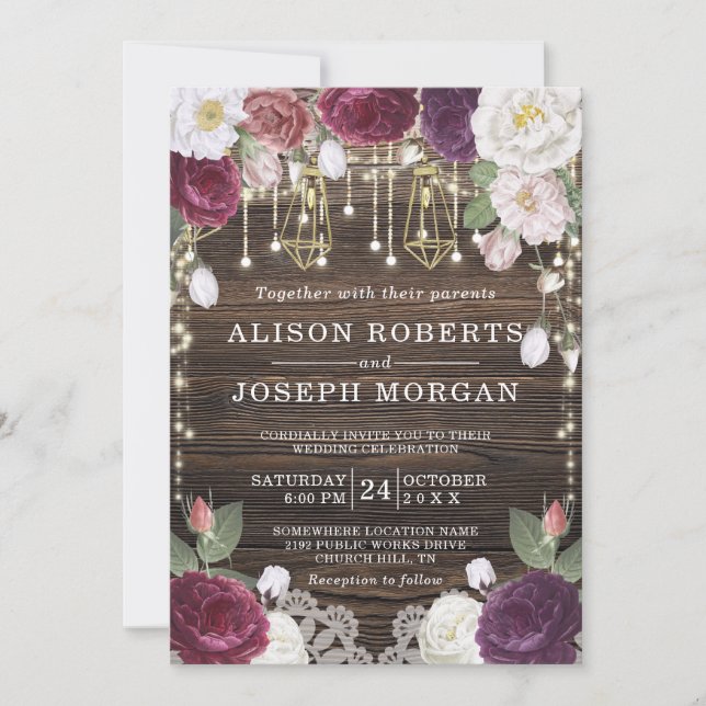 Invitation Rustique Floral Bois String lumières Mariage (Devant)