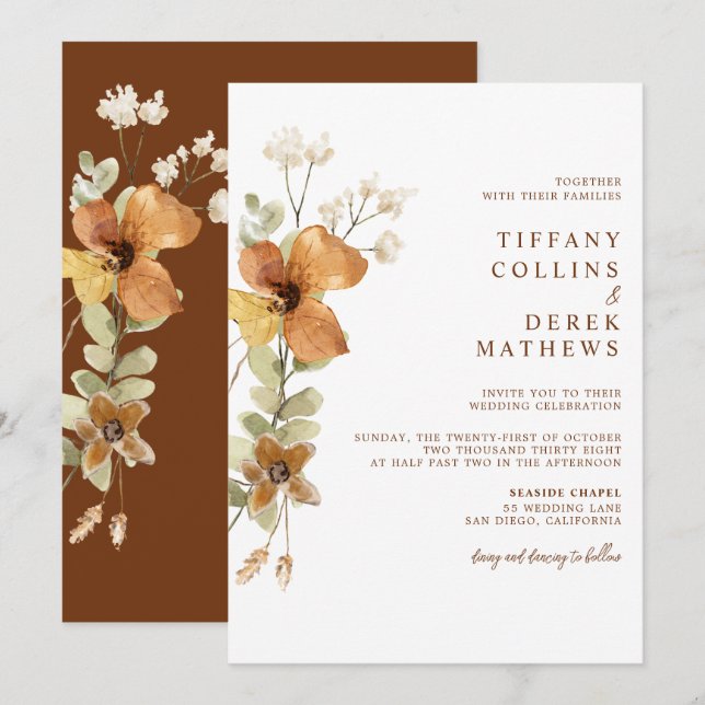 Invitation Rustique Floral Brûlé Orange Mariage de automne (Devant / Derrière)