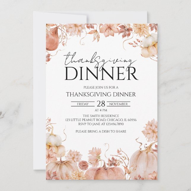 Invitation Rustique Floral Citrouille Thanksgiving Dîner (Devant)