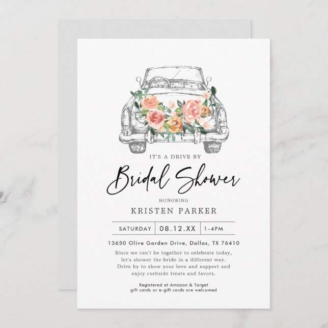 Invitation Rustique Floral Drive By Bridal Shower (Devant / Derrière)