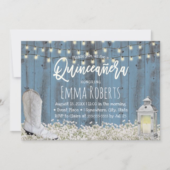 Invitation Rustique Floral Dusty Blue Quinceanera 15e anniver (Devant)